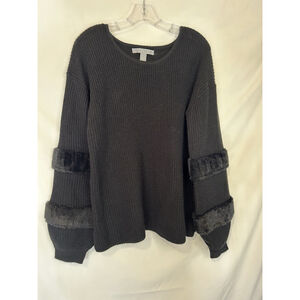 By Design Black Sweater Bands of Faux Fur on Sleeves Funky XL Warm Winter EUC